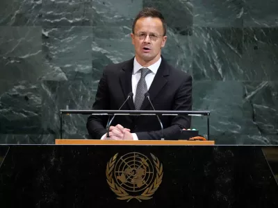 Minister for Foreign Affairs and Trade of Hungary Péter Szijjártó addresses the 80th session of the United Nations General Assembly, Wednesday, Sept. 24, 2025, at U.N. headquarters. (AP Photo/Pamela Smith)