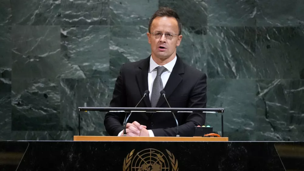 Minister for Foreign Affairs and Trade of Hungary Péter Szijjártó addresses the 80th session of the United Nations General Assembly, Wednesday, Sept. 24, 2025, at U.N. headquarters. (AP Photo/Pamela Smith)