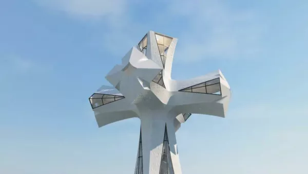 Takšen je križ na stolpu Jezusa Kristusa na barcelonski baziliki Sagrada Família. / Foto: arhiv bazilike