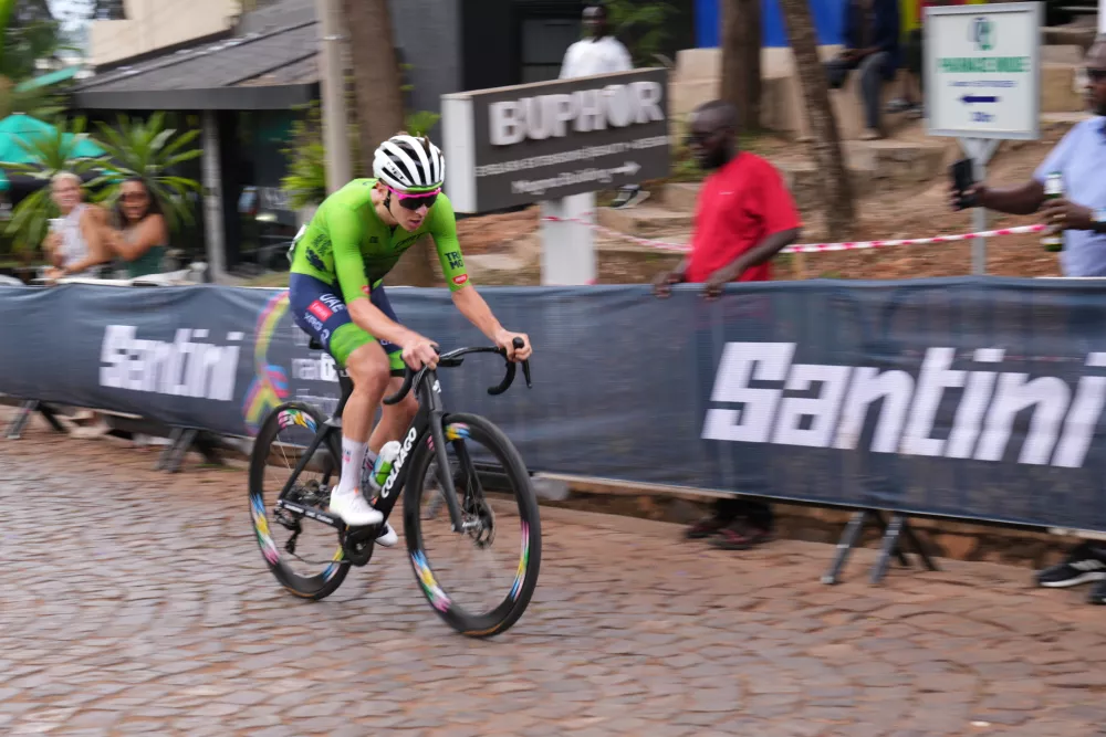 Slovenia's Tadej Pogacar pedals during the men's Elite road race, at the road cycling World Championships in Kigali, Rwanda, Sunday, Sept. 28, 2025. (AP Photo/Jerome Delay)