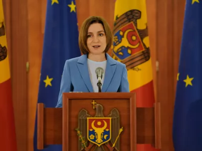 Moldova's President Maia Sandu speaks to the media after the parliamentary election, in Chisinau, Moldova, Monday, Sept. 29, 2025. (AP Photo/Vadim Ghirda)