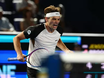 Tennis - ATP 500 - Japan Open Tennis Championships - Ariake Coliseum, Tokyo, Japan - September 29, 2025 Taylor Fritz of the U.S. celebrates winning his semi final match against Jenson Brooksby of the U.S. REUTERS/Issei Kato