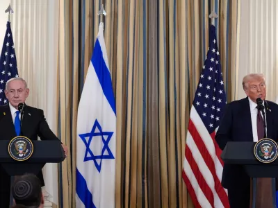 President Donald Trump speaks during a news conference with Israel's Prime Minister Benjamin Netanyahu in the State Dining Room of the White House, Monday, Sept. 29, 2025, in Washington. (AP Photo/Alex Brandon)