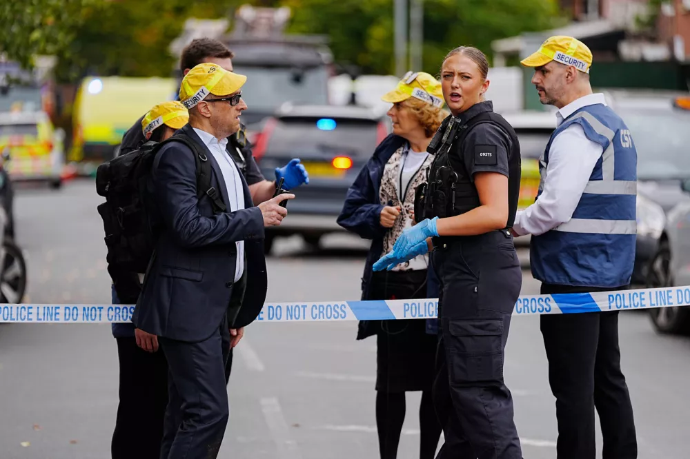 Emergency services at the scene of a stabbing at Heaton Park Hebrew Congregation synagogue, in Crumpsall, Manchester, England, Thursday Oct. 2, 2025. (Peter Byrne/PA via AP)