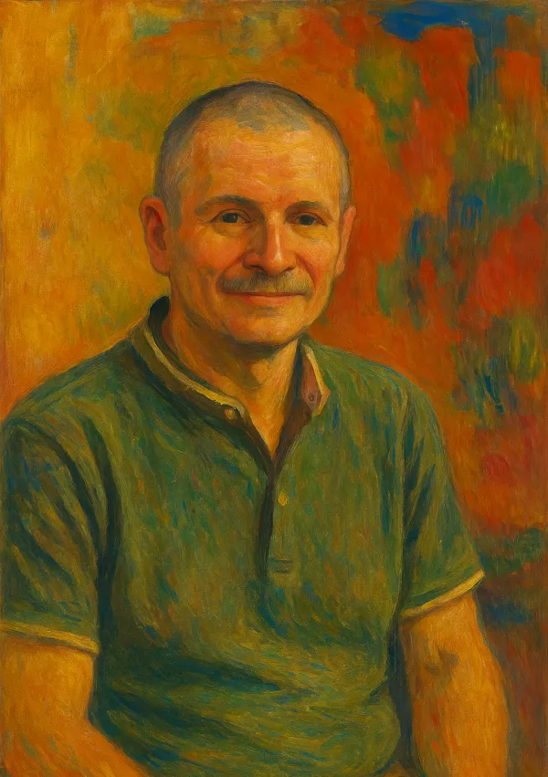 .. in na portretni sliki, ki je narejena z umetno inteligenco in je dobila ukaz, naj sliko, ki jo ima na spletni strani fakultete, predela v slogu Paula Gaugina.  / Foto: Osebni Arhiv