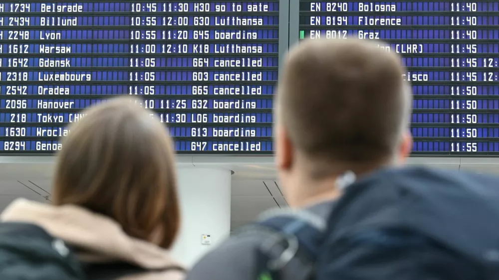 The display board at the airport in Munich, Germany, October 3, 2025. Munich airport reopened on Friday after shutting overnight due to drone sightings that forced the cancellation or diversion of dozens of flights on the eve of a national holiday and heightened concerns about the vulnerability of critical infrastructure in Europe. REUTERS/Angelika Warmuth