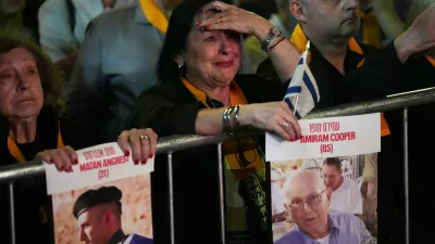 People gather in a park to demand Hamas release hostages who remain in captivity in Gaza, in Buenos Aires, Argentina, Tuesday, Sept. 30, 2025. (AP Photo/Rodrigo Abd)