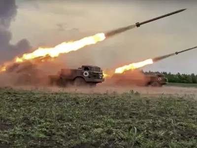 In this handout photo released by Russian Defense Ministry Press Service released on Wednesday, June 1, 2022, The Russian military's Uragan multiple rocket launchers fire rockets at Ukrainian troops at an undisclosed location. (Russian Defense Ministry Press Service via AP)