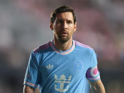 Oct 4, 2025; Fort Lauderdale, Florida, USA; Inter Miami CF forward Lionel Messi (10) looks on against the New England Revolution during the first half at Chase Stadium. Mandatory Credit: Sam Navarro-Imagn Images