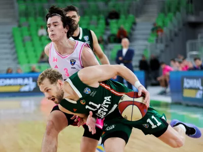 Jaka Blažič in action during ABA League 2025/2026 basketball match between Cedevita Olimpija (SLO) and Mega Superbet (SRB) in SRC Stozice, Ljubljana, Slovenia on October 5, 2025. Photo: Filip Barbalic