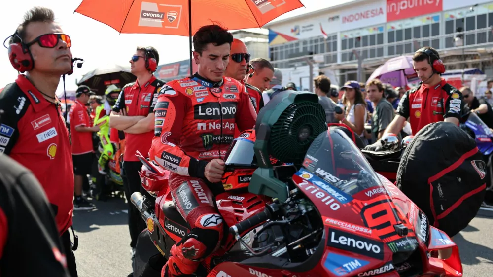 FILE PHOTO: MotoGP - Indonesian Grand Prix - Mandalika International Street Circuit, Mandalika, Indonesia - October 5, 2025 Ducati Lenovo Team's Marc Marquez before the MotoGP race REUTERS/Willy Kurniawan/File Photo