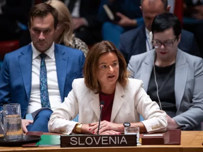 Slovenia Deputy Prime Minister and Foreign Minister Tanja Fajon, addresses the High-Level Security Council on Palestinians and Israel during the 80th session of the United Nations General Assembly, Tuesday, Sept. 23, 2025. (AP Photo/Angelina Katsanis)