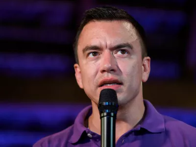Ecuador's President and candidate for reelection Daniel Noboa addresses the media as the electoral council says he has won the presidential election, in Santa Elena, Ecuador April 13, 2025. REUTERS/David Diaz Arcos
