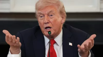 President Donald Trump speaks during a roundtable meeting on antifa in the State Dining Room at the White House, Wednesday, Oct. 8, 2025, in Washington. (AP Photo/Evan Vucci)