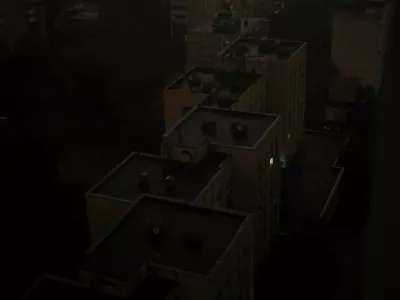 Residential buildings during a power blackout after critical civil infrastructure was hit by a Russian missile and drone attacks, amid Russia's attack on Ukraine, in Kyiv, Ukraine October 10, 2025. REUTERS/Gleb Garanich