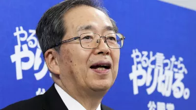 Tetsuo Saito, leader of Komeito, speaks to the media after meeting with Sanae Takaichi, the newly-elected leader of Japan's ruling party, the Liberal Democratic Party at the parliament in Tokyo, Friday, Oct. 10, 2025. (Daisuke Suzuki/Kyodo News via AP)