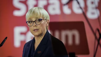 Slovenia's President Natasa Pirc Musar delivers her speech during the opening ceremony of the annual Bled Strategic Forum gathering in Bled, Slovenia, Monday, Sept. 1, 2025. (AP Photo/Darko Bandic)