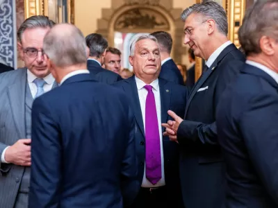 Hungary's Prime Minister Viktor Orban and Croatia's Prime Minister Andrej Plenkovic attend an informal summit in the Danish parliament at Christiansborg Castle in Copenhagen, Denmark, October 1, 2025. Ritzau Scanpix/Ida Marie Odgaard via REUTERS  ATTENTION EDITORS - THIS IMAGE WAS PROVIDED BY A THIRD PARTY. DENMARK OUT. NO COMMERCIAL OR EDITORIAL SALES IN DENMARK.