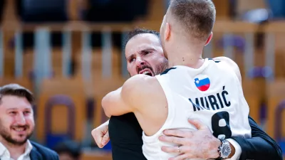 Edo Murić and Stipe Modrić of Ilirija in action during AdmiralBet ABA League 2025/2026 basketball match between Ilirija and Zadar in Tivoli Hall, Ljubljana, Slovenia on October 12, 2025