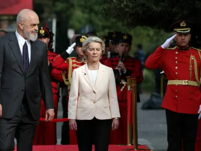 Albanian Prime Minister Edi Rama welcomes European Commission President Ursula von der Leyen, in Tirana, Albania, October 13, 2025 REUTERS/Florion Goga