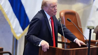 President Donald Trump speaks to the Knesset, Israel's parliament, Monday, Oct. 13, 2025, in Jerusalem. (AP Photo/Evan Vucci, Pool)