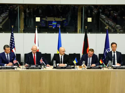 U.S. Secretary of Defense Pete Hegseth, British Secretary of State for Defence John Healey, German Defence Minister Boris Pistorius and NATO Secretary General Mark Rutte attend a meeting of the Ukraine Defence Contact Group, after a meeting of NATO Defence Ministers at the Alliance headquarters, in Brussels, Belgium October 15, 2025. REUTERS/Yves Herman