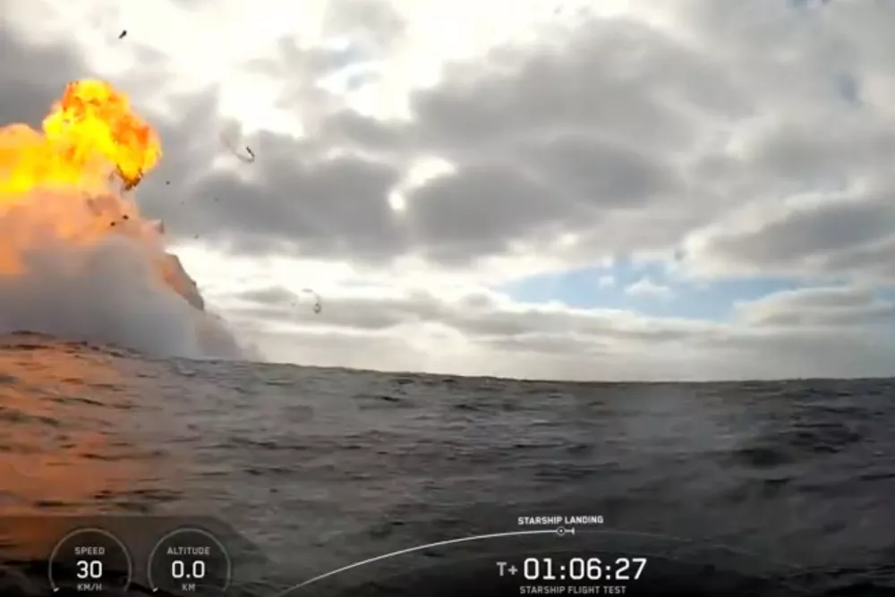 This image made from video provided by SpaceX shows a Starship flight test landing in the Indian Ocean after launching from Starbase, Texas, Monday, Oct. 13, 2025. (SpaceX via AP)