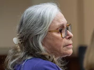 Donna Adelson listens to statements made on her behalf by family friends during her sentencing for her role in the murder of Dan Markel, Monday, Oct. 13, 2025. (Alicia Devine/Tallahassee Democrat via AP, Pool, File)