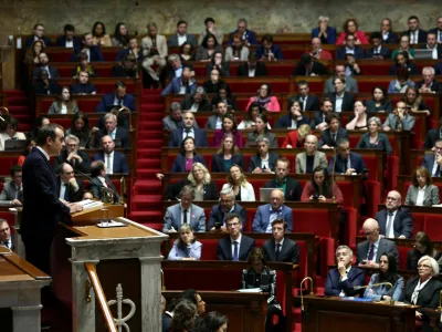 French Prime Minister Sebastien Lecornu delivers his first general policy speech in front of the parliament and the new government following by a debate at the National Assembly in Paris, France, October 14, 2025. REUTERS/Gonzalo Fuentes