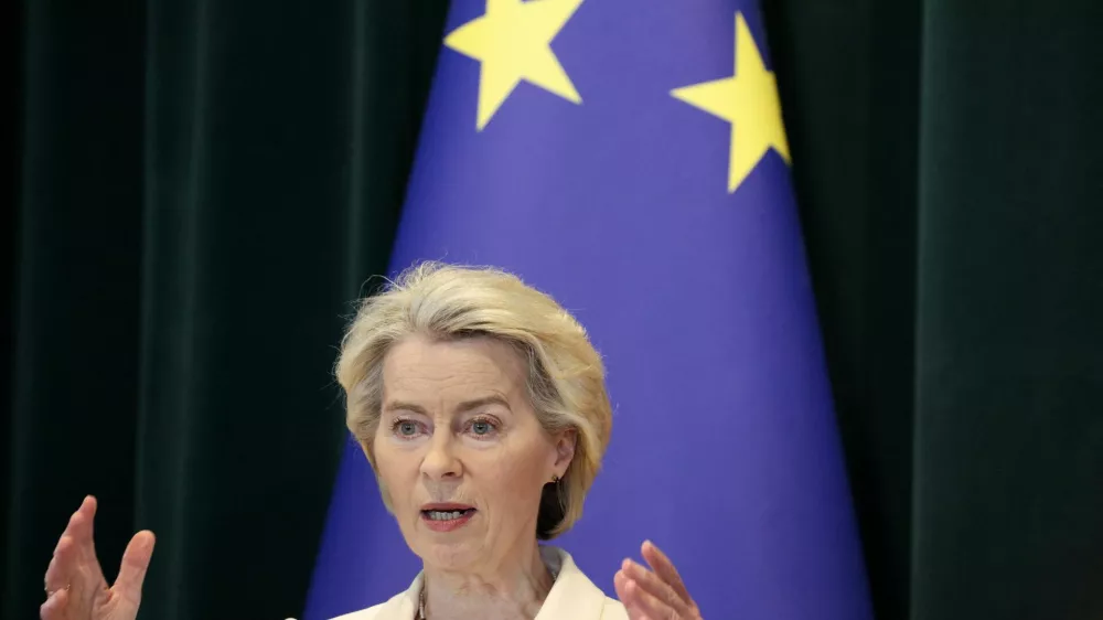 European Commission President Ursula von der Leyen during a press conference with Prime Minister Edi Rama in his office in Tirana, Albania, October 13, 2025 REUTERS/Florion Goga
