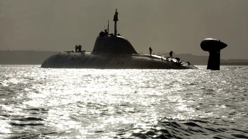 ** FILE ** One of Russia's Shchuka (Pike) class (NATO reporting name: Akula) nuclear submarines, The Vepr (Wild boar), the same type as The Nerpa (Seal), where at least 20 people were killed in an accident, seen heading towards Brest harbor, western France, after a series of exercises in the Atlantic with French navy ships, in this Tuesday Sept. 21, 2004, file photo. An accident aboard The Nerpa making a test run in the Sea of Japan killed at least 20 people, when a fire-extinguishing system went into operation in error aboard the submarine, officials said Sunday, Nov. 9, 2008. (AP Photo/Franck Prevel, File)