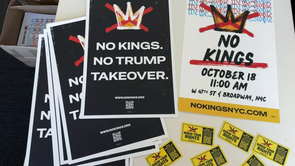 Detail of signs for the 'No Kings' protest on Saturday, October 18, in New York, U.S., October 16, 2025. REUTERS/Roselle Chen