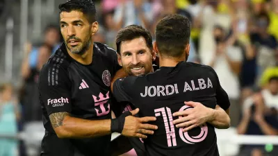 Oct 18, 2025; Nashville, Tennessee, USA; Inter Miami forward Lionel Messi (10) celebrates with his teammates after scoring a goal against Nashville SC during the second half at Geodis Park. Mandatory Credit: Steve Roberts-Imagn Images   TPX IMAGES OF THE DAY