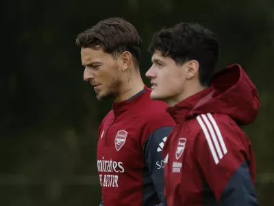 Soccer Football - UEFA Champions League - Arsenal Training - Arsenal Training Centre, London Colney, Britain - October 20, 2025 Arsenal's Ben White and Christian Norgaard during training Action Images via Reuters/Andrew Couldridge