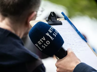 May 11, 2024, MalmĂ, SkĂĄNe, Sweden: Microphone of RTV Slovenija (Radio-Television of Slovenia) ahead of the Eurovision Song Contest Grand Final, near MalmĂ¶ Arena in MalmĂ,Image: 952001978, License: Rights-managed, Restrictions:, Model Release: no / Foto: Kristian Tuxen Ladegaard Berg