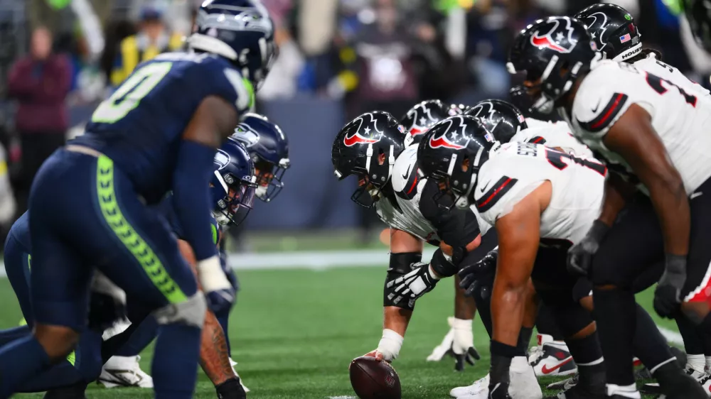 Oct 20, 2025; Seattle, Washington, USA; The Houston Texans wait to snap the ball against the Seattle Seahawks during the fourth quarter at Lumen Field. Mandatory Credit: Steven Bisig-Imagn Images