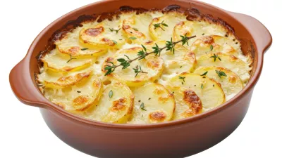 Isolated Gratinated Potatoes Dauphinois in a Rustic Ceramic Dish / Foto: Bogdan Nicolaescu