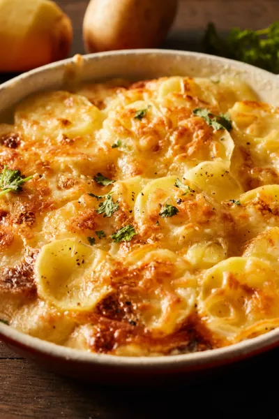High angle of scalloped gratin potatoes topped with grated cheese and herbs in ceramic baking dish on table with towel and branches of greens / Foto: Foodandstyle, Getty