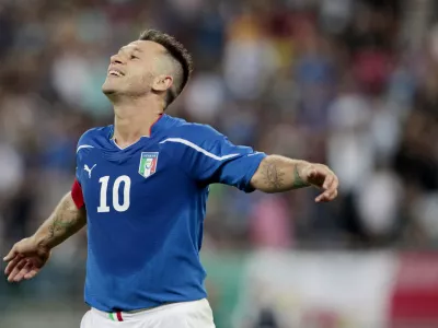 Italy's Antonio Cassano reacts during their friendly soccer match against Spain in Bari, Italy, Wednesday, Aug. 10, 2011. (AP Photo/Gregorio Borgia)