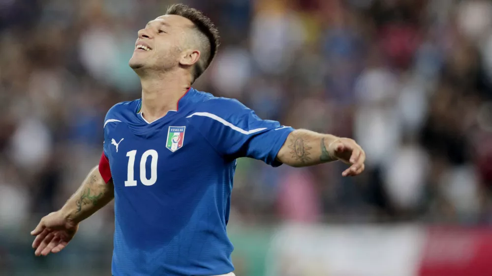 Italy's Antonio Cassano reacts during their friendly soccer match against Spain in Bari, Italy, Wednesday, Aug. 10, 2011. (AP Photo/Gregorio Borgia)