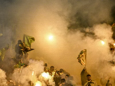 Fans of Maccabi Tel Aviv attend the match between Ajax and Maccabi Tel Aviv at the Johan Cruijff ArenA for the UEFA Europa League - League phase - Matchday 4 season 2024-2025 in Amsterdam, Netherlands, on November 7, 2024. (Photo by Stefan Koops / EYE4images) (Photo by EYE4images/NurPhoto)NO USE FRANCE