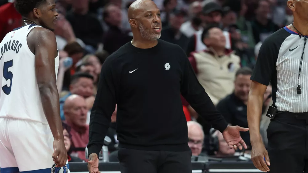 Oct 22, 2025; Portland, Oregon, USA; Portland Trail Blazers head coach Chauncey Billups during a break in the action against the Minnesota Timberwolves at Moda Center. Mandatory Credit: Jaime Valdez-Imagn Images
