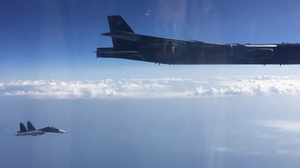 6333293 15.09.2020 In this handout video grab released by the press service of Russian Defence Ministry, the US Air Force strategic bomber Boeing B-52H Stratofortress intercepted by Russian Su-27 fighter jet over neutral waters of the Black Sea is pictured, in Russia. Russian air defense control systems detected an air target approaching the Russian state border over the neutral waters of the Black Sea. To identify the air target and prevent violation of the Russian state border, two Su-27 and Su-30 jet fighters from the Southern Military District's air defense forces on duty were scrambled. Editorial use only, no archive, no commercial use. Russian Defence Ministry,Image: 558078588, License: Rights-managed, Restrictions: ***HANDOUT image or SOCIAL MEDIA IMAGE or FILMSTILL for EDITORIAL USE ONLY! * Please note: Fees charged by Profimedia are for the Profimedia's services only, and do not, nor are they intended to, convey to the user any ownership of Copyright or License in the material. Profimedia does not claim any ownership including but not limited to Copyright or License in the attached material. By publishing this material you (the user) expressly agree to indemnify and to hold Profimedia and its directors, shareholders and employees harmless from any loss, claims, damages, demands, expenses (including legal fees), or any causes of action or allegation against Profimedia arising out of or connected in any way with publication of the material. Profimedia does not claim any copyright or license in the attached materials. Any downloading fees charged by Profimedia are for Profimedia's services only. * Handling Fee Only ***, Editors' note: THIS IMAGE IS PROVIDED BY RUSSIAN STATE-OWNED AGENCY SPUTNIK., Model Release: no