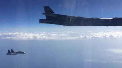 6333293 15.09.2020 In this handout video grab released by the press service of Russian Defence Ministry, the US Air Force strategic bomber Boeing B-52H Stratofortress intercepted by Russian Su-27 fighter jet over neutral waters of the Black Sea is pictured, in Russia. Russian air defense control systems detected an air target approaching the Russian state border over the neutral waters of the Black Sea. To identify the air target and prevent violation of the Russian state border, two Su-27 and Su-30 jet fighters from the Southern Military District's air defense forces on duty were scrambled. Editorial use only, no archive, no commercial use. Russian Defence Ministry,Image: 558078588, License: Rights-managed, Restrictions: ***HANDOUT image or SOCIAL MEDIA IMAGE or FILMSTILL for EDITORIAL USE ONLY! * Please note: Fees charged by Profimedia are for the Profimedia's services only, and do not, nor are they intended to, convey to the user any ownership of Copyright or License in the material. Profimedia does not claim any ownership including but not limited to Copyright or License in the attached material. By publishing this material you (the user) expressly agree to indemnify and to hold Profimedia and its directors, shareholders and employees harmless from any loss, claims, damages, demands, expenses (including legal fees), or any causes of action or allegation against Profimedia arising out of or connected in any way with publication of the material. Profimedia does not claim any copyright or license in the attached materials. Any downloading fees charged by Profimedia are for Profimedia's services only. * Handling Fee Only ***, Editors' note: THIS IMAGE IS PROVIDED BY RUSSIAN STATE-OWNED AGENCY SPUTNIK., Model Release: no