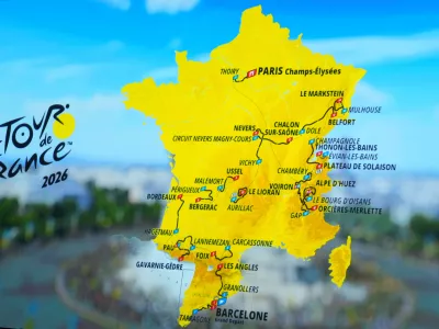 The roadmap of the Tour de France 2026 cycling race is unveiled, Thursday, Oct. 23, 2025 in Paris. (AP Photo/Thibault Camus)