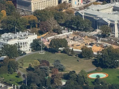 This image provided by Katie Harbath shows the continuing demolition of the East Wing and construction for the new ballroom at the White House, Thursday, Oct. 23, 2025, in Washington. (Katie Harbath via AP)