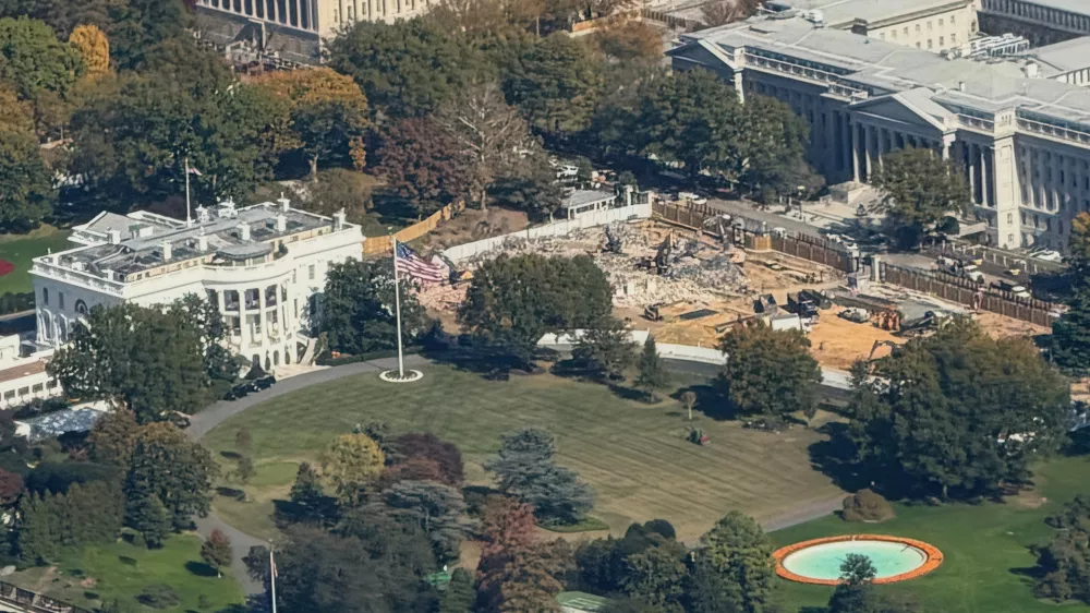 This image provided by Katie Harbath shows the continuing demolition of the East Wing and construction for the new ballroom at the White House, Thursday, Oct. 23, 2025, in Washington. (Katie Harbath via AP)