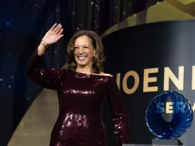 Former Vice President Kamala Harris receives the Congressional Black Caucus Foundation Phoenix Award in Washington, on Saturday, Sept. 27, 2025. (AP Photo/Cliff Owen)