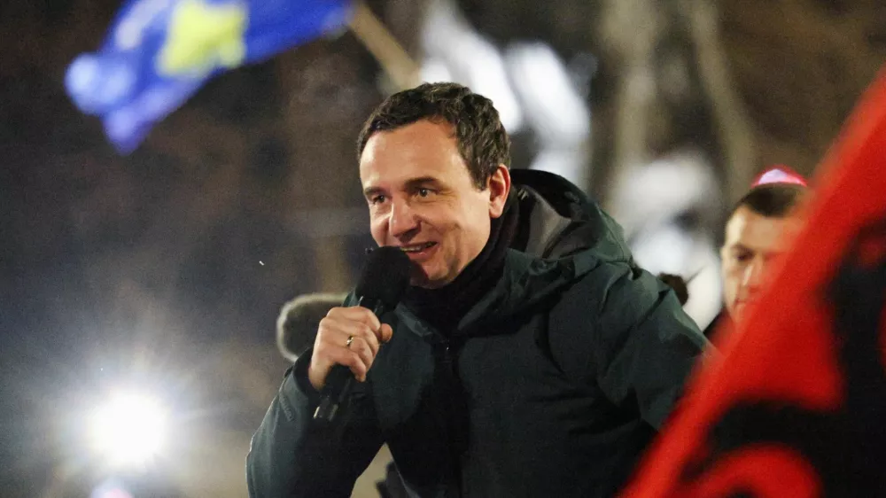Kosovo's Prime Minister and leader of the ruling Vetevendosje party Albin Kurti addresses supporters as exit polls show the party is set to come first in the parliamentary election, in Pristina, Kosovo February 10, 2025. REUTERS/Florion Goga