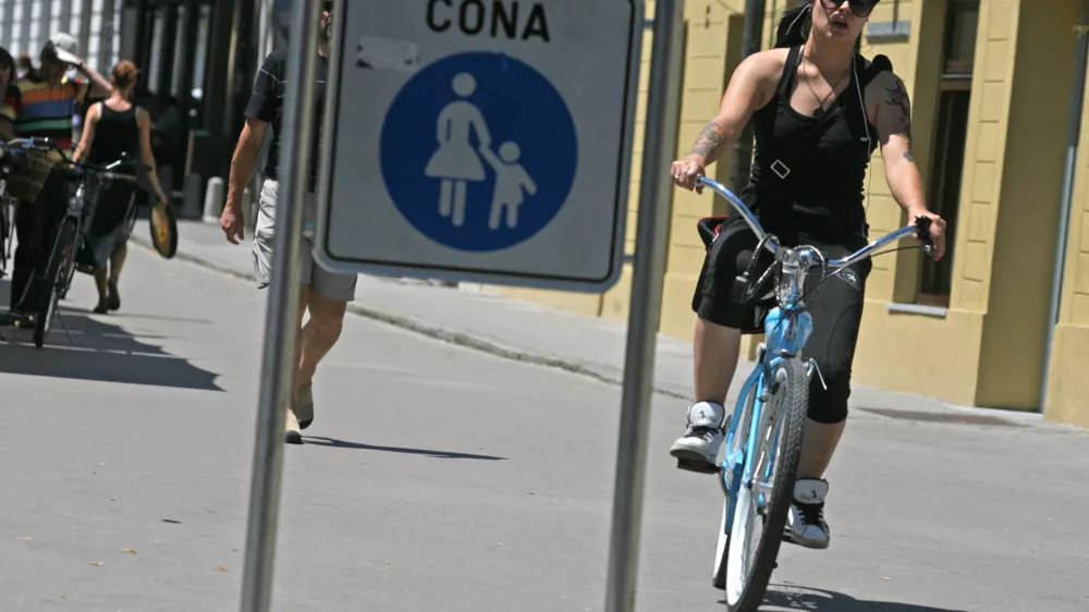 - kolesar na coni za pe&scaron;ce - kolesarji in pe&scaron;ci //FOTO: Luka Cjuha